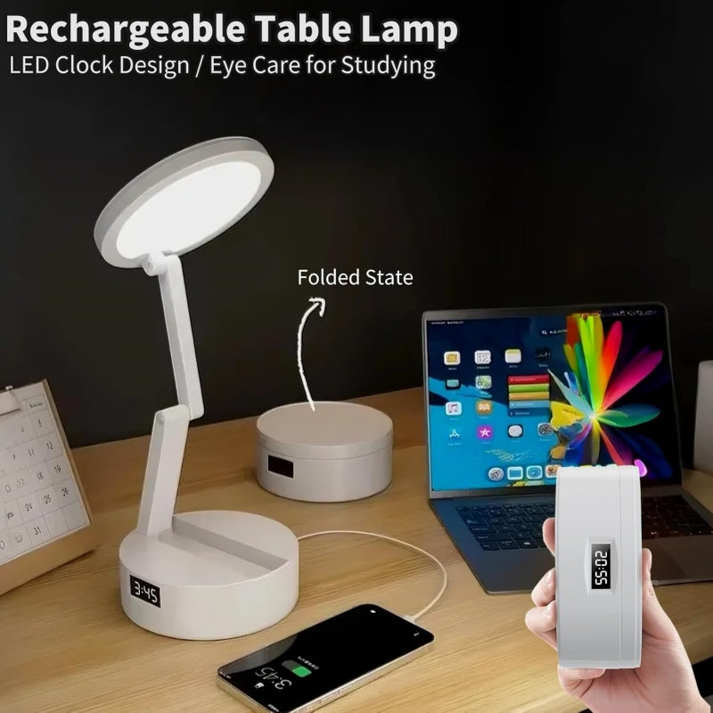 Foldable LED Desk Lamp with Clock, Touch Control & Power Bank – Perfect for Office, Bedroom & Study